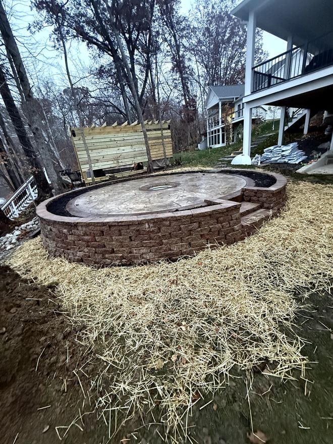 Paver patio with a stone fire pit